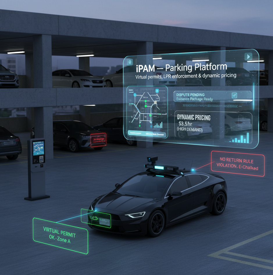 iPAM parking management dashboard showing occupancy, permits, and revenue metrics