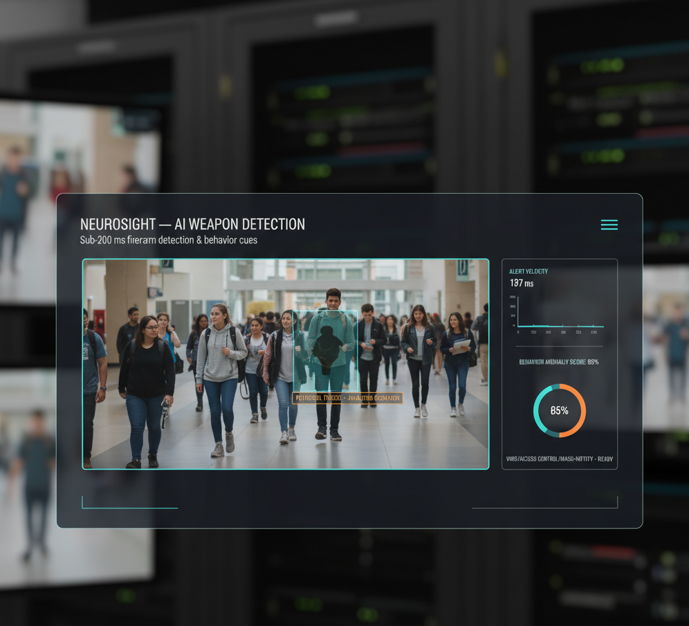 NeuroSight AI weapon detection dashboard showing threat detection alerts and behavior analytics in campus environment