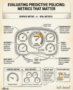 Officials reviewing predictive policing metrics for fairness, accuracy, and community trust on a dashboard