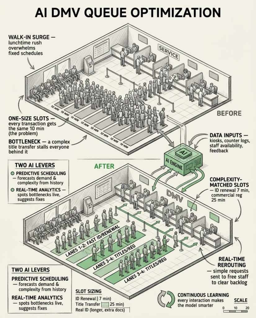AI queue optimization reducing DMV wait times