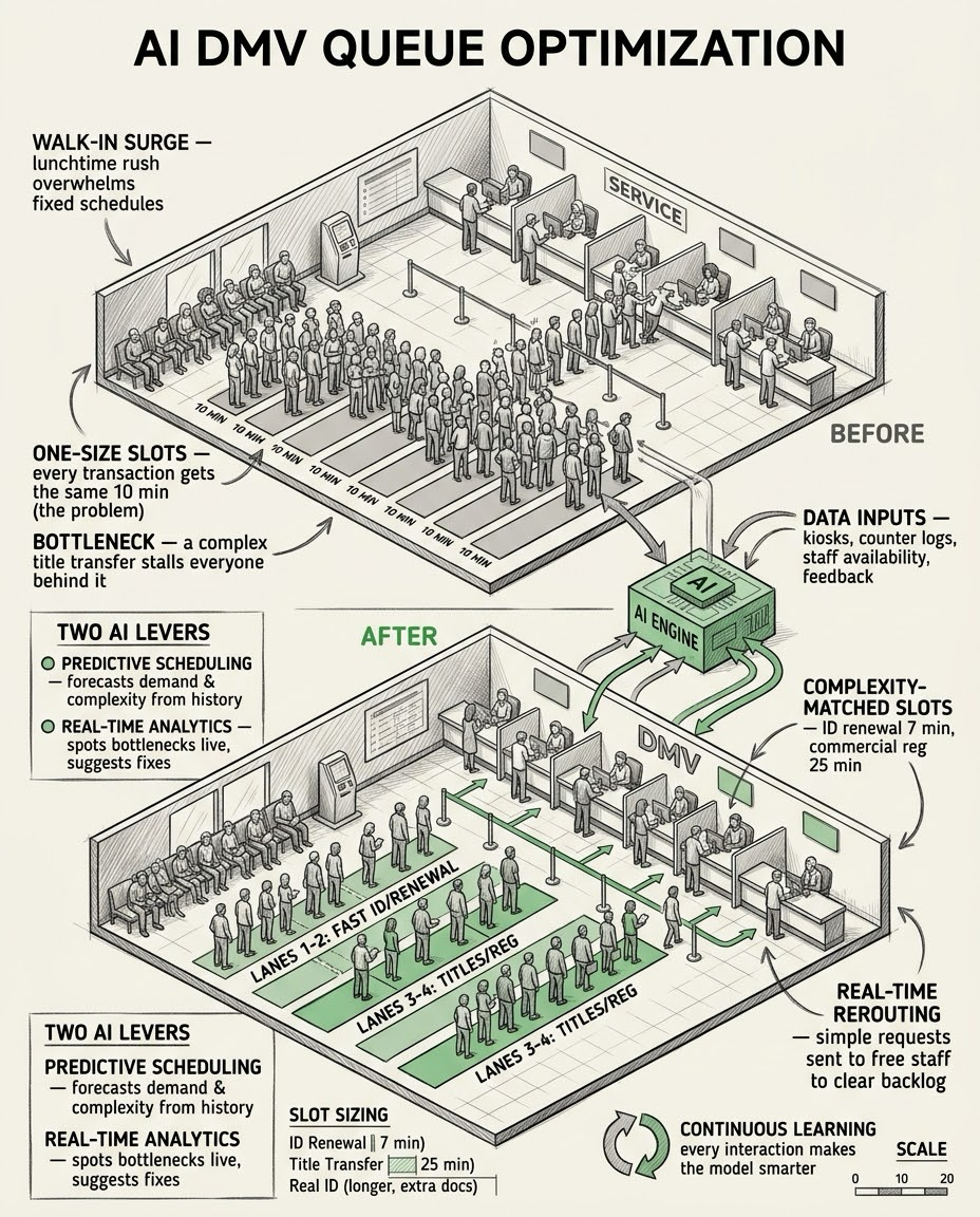 AI queue optimization reducing DMV wait times