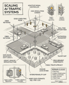 US city intersection where scaling AI traffic management meets aging signal infrastructure and data silos