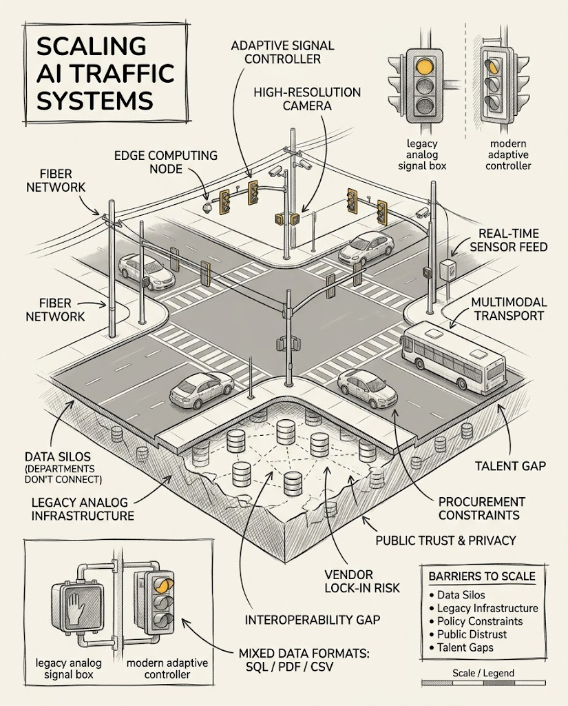 US city intersection where scaling AI traffic management meets aging signal infrastructure and data silos