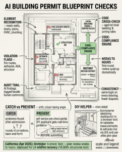 AI checking a building blueprint for code compliance